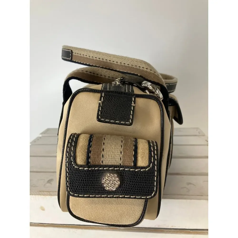 MICHAEL KORS SATIN, CANVAS STRIPED BLINGED MAKEUP DUFFLE BAG - Picture 3 of 16